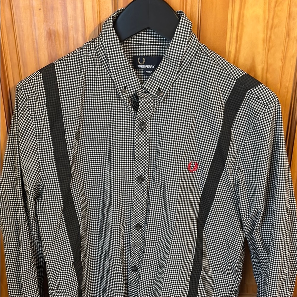 Fred Perry Black & White Gingham Button-Down Shirt with Red Logo